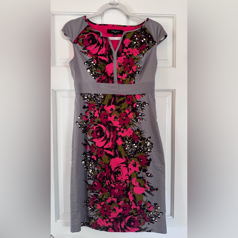 Nine West Gray and Pink Floral Sheath Dress